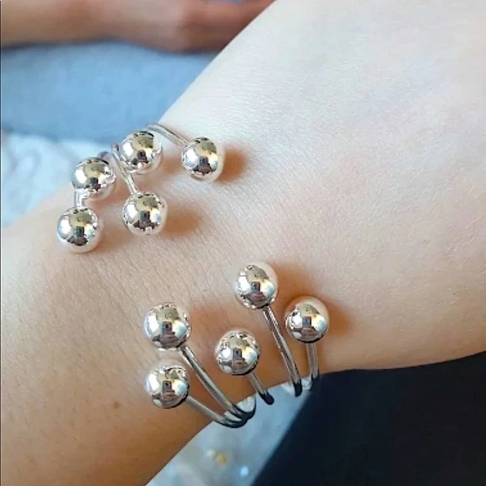 Sterling Silver Beaded Ball Bracelet Cuff Bangle Matching Ring Set